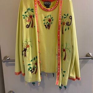 Colorful Monkey Embroidered Cardigan and tank 2-piece
